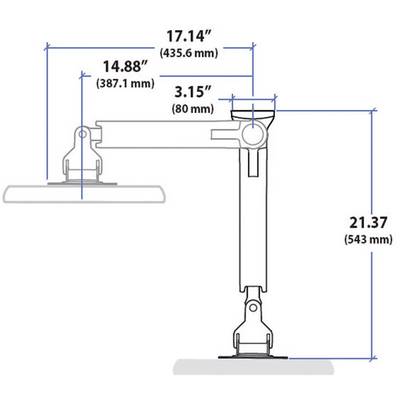 Abbildung zeigt Maße eines verstellbaren Monitorarms: Länge 43,6 cm, Breite 38,7 cm, Tiefe 80 mm, Höhe 54,3 cm.