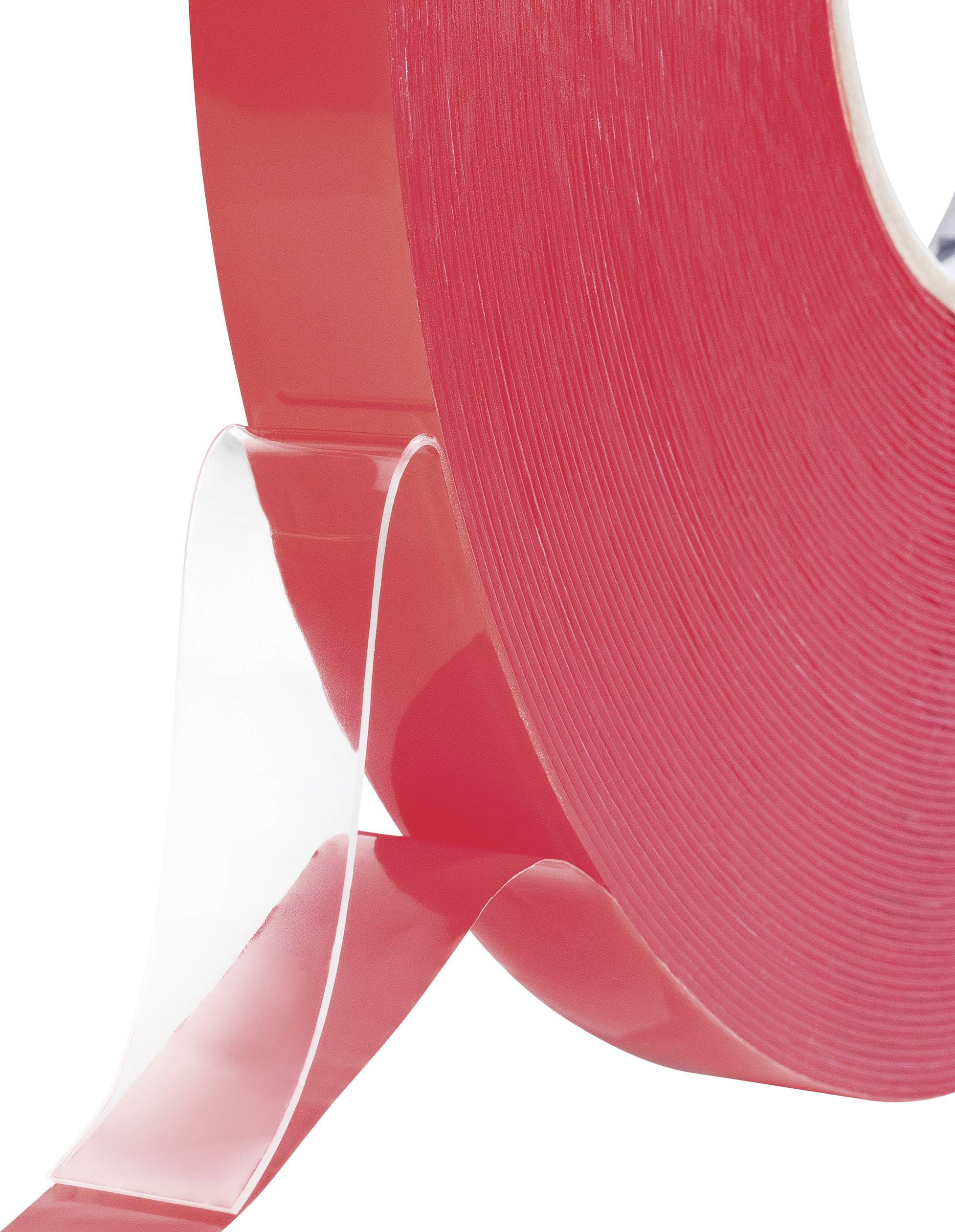 Eine Rolle doppelseitiges rotes Klebeband mit einer transparenten, abrollbaren Klebeschicht im Vordergrund.