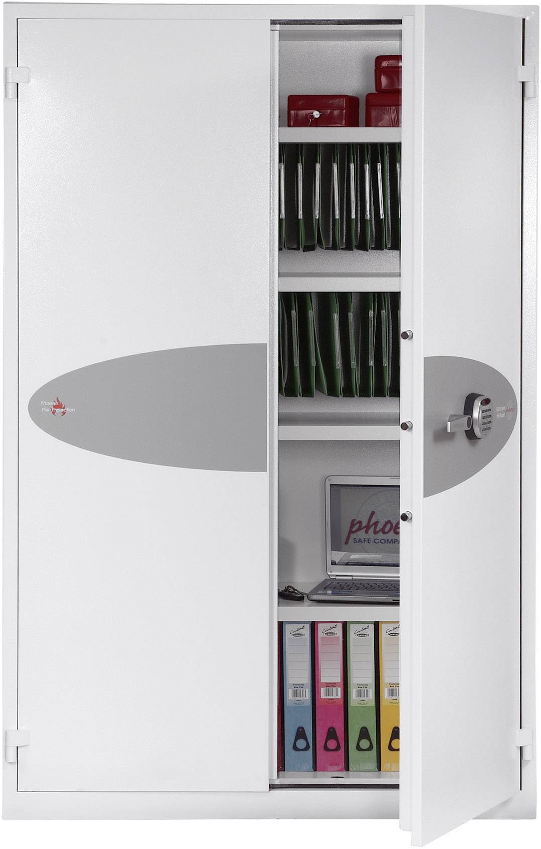 Ein teils geöffneter Metallschrank mit Aktenordnern, Notizbüchern, und einem Laptop auf den Regalen. Auf dem Laptop steht 'phone'.