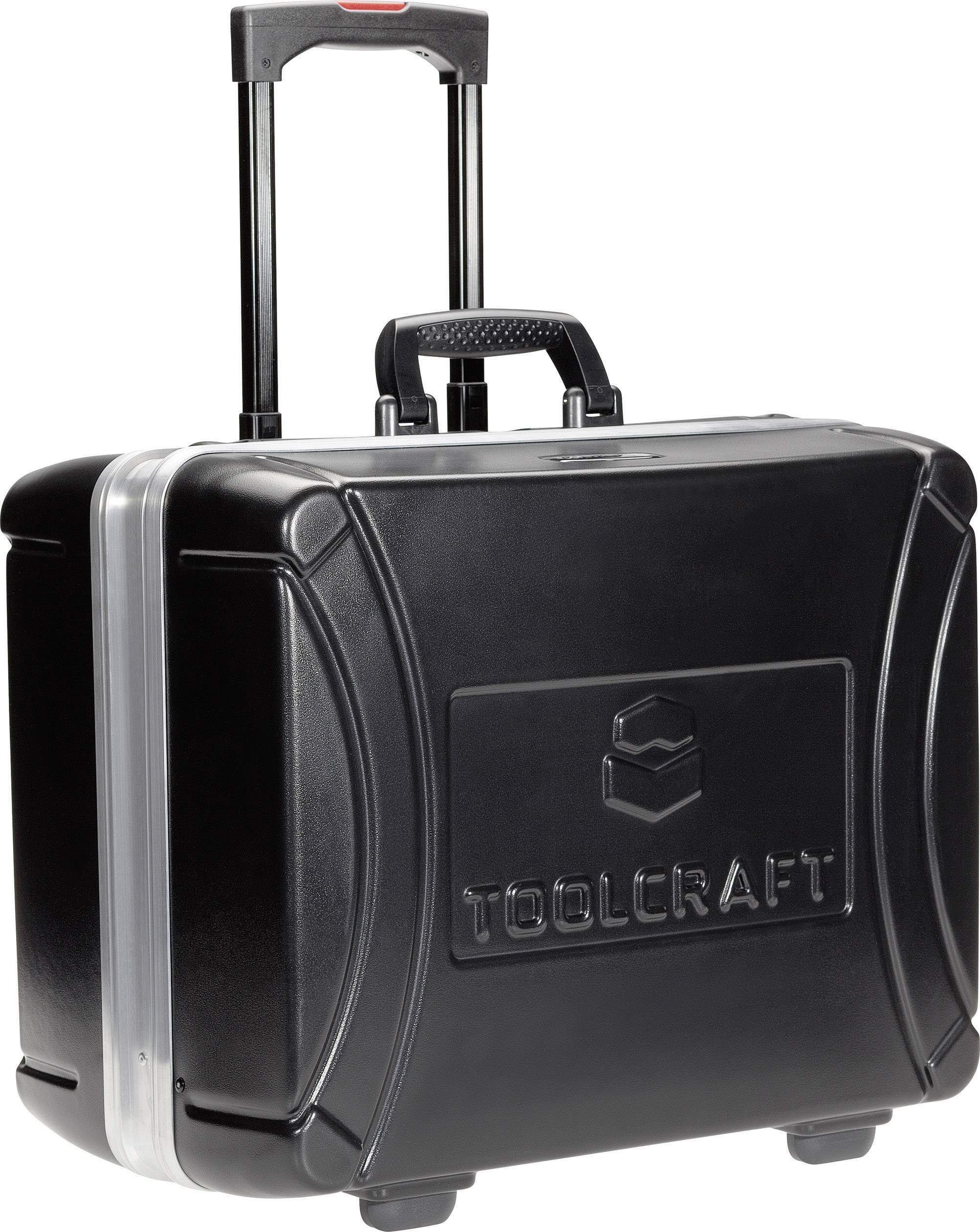 Ein schwarzer Werkzeugkoffer mit stabilem Tragegriff und ausziehbarem Teleskopgriff. Die Marke 'Toolcraft' ist auf der Vorderseite geprägt.