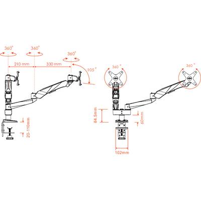 Illustration eines Monitorarms mit Maßen: 210-330 mm Länge, 105° Neigung, 360° Drehung. Höhe: 20-400 mm. Geeignet für verschiedene Monitorpositionen.