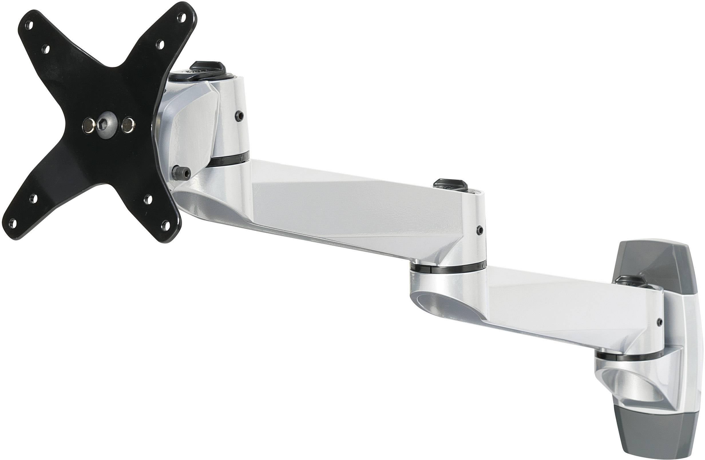 Ein verstellbarer Monitorarm aus Metall, mit einer Befestigung für den Bildschirm an einem Ende und einem Wandhalterung am anderen Ende.