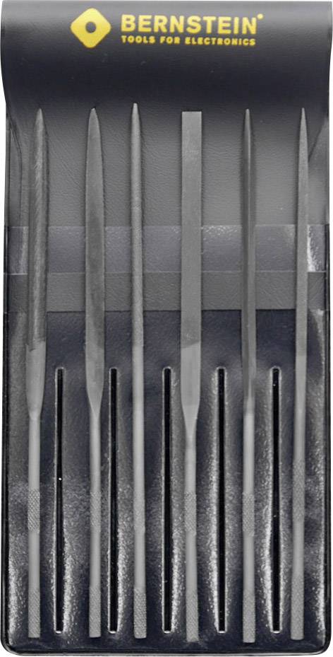 Werkzeugset mit sechs Feilen unterschiedlicher Formen in einer schwarzen Halterung. Oberes Etikett 'Bernstein Tools for Electronics'.