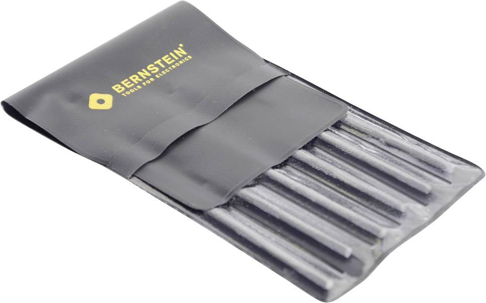 Kalteset mit sechs Werkzeugen in einer schwarzen Ledertasche, auf der das 'BERNSTEIN'-Logo gedruckt ist.