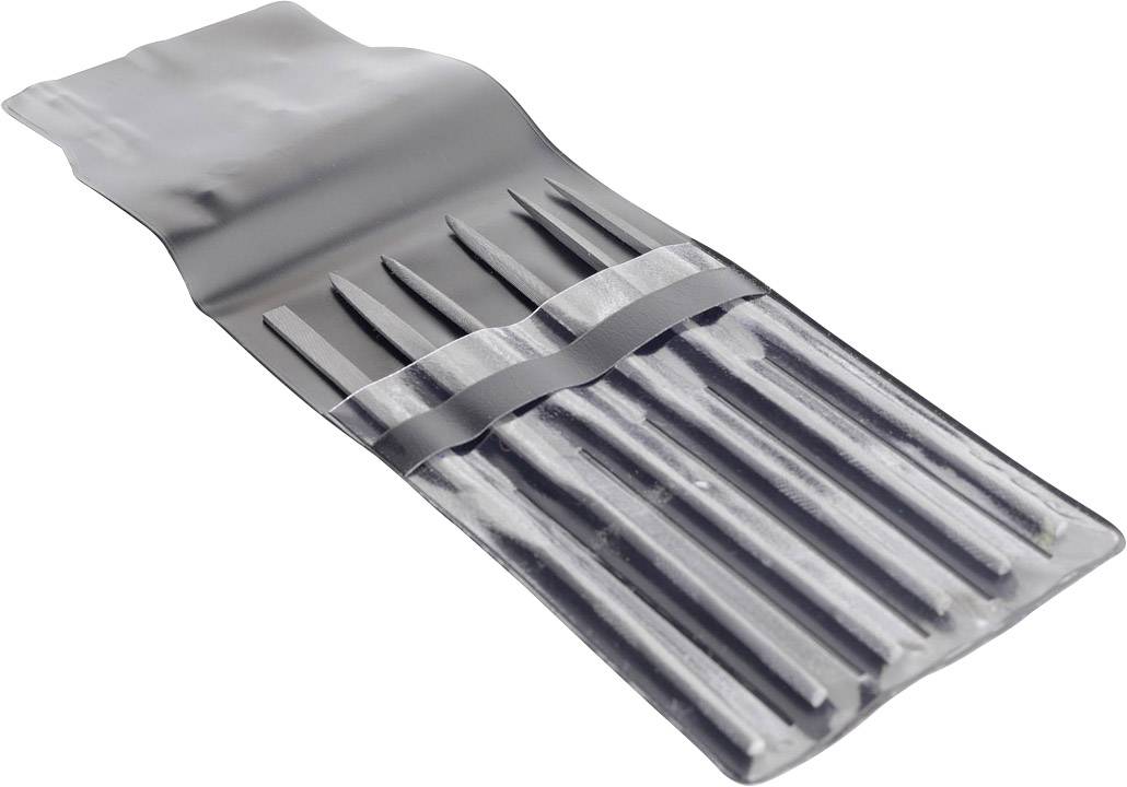 Ein Etui mit sechs metallischen Feilen. Sie sind in Schlaufen gehalten und für handwerkliche oder technische Anwendungen geeignet.