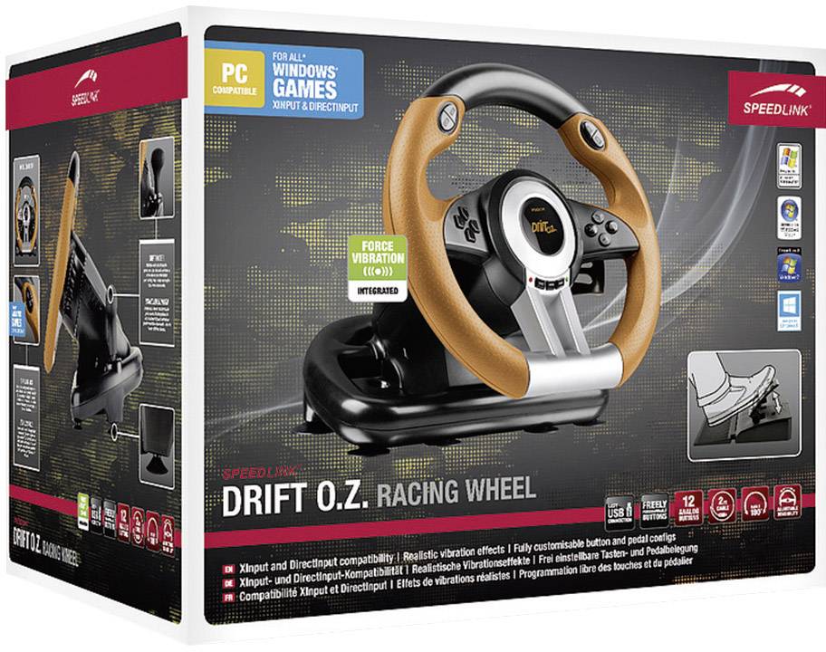 Verpackung eines Rennlenkrads 'Speedlink Drift O.Z.' für PC und Xbox. Es bietet Force-Vibration, realistische Lenkung und anpassbare Tasten.