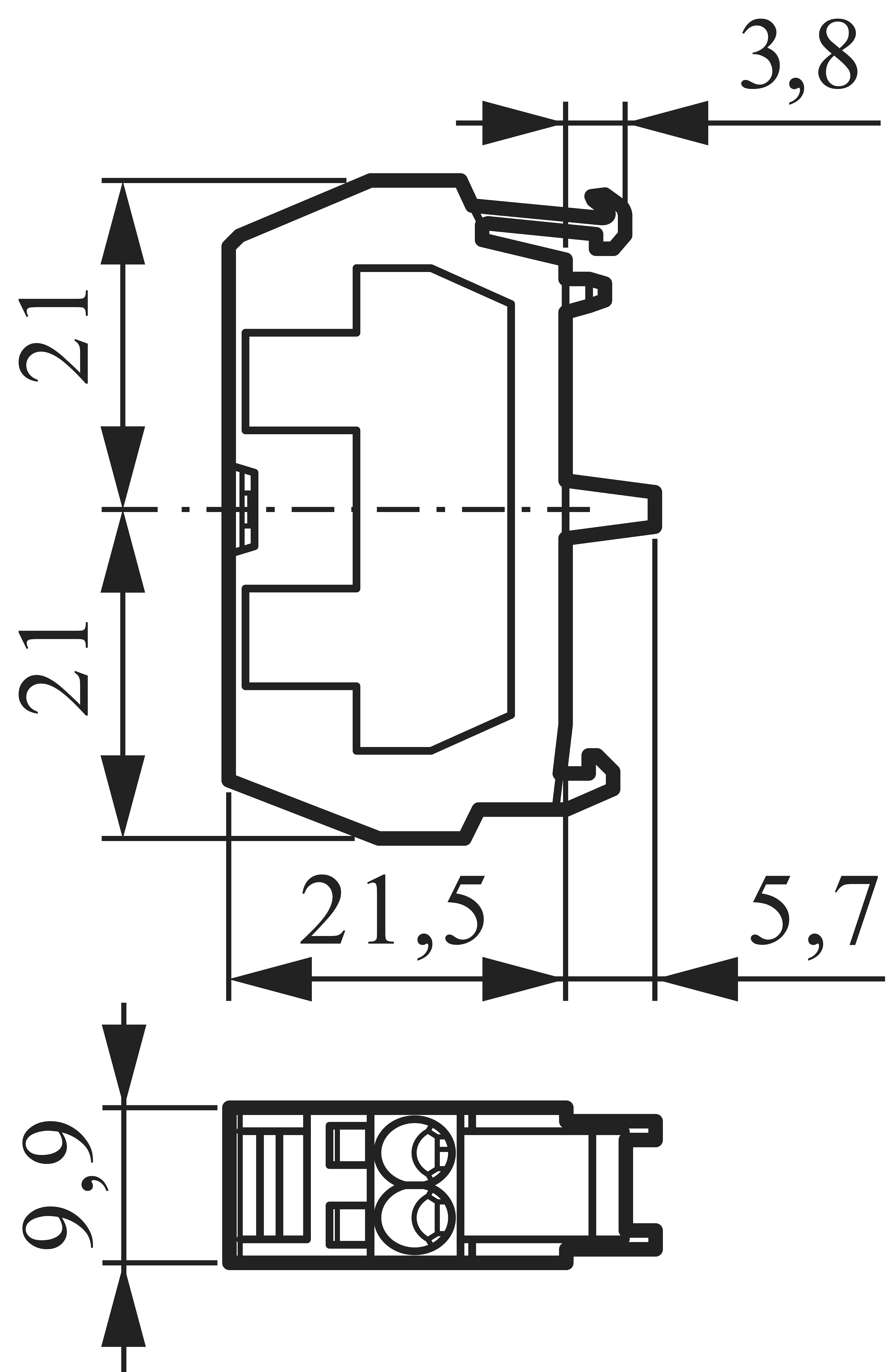 Technische Zeichnung eines elektrischen Steckverbinders mit Maßangaben. Breite 3,8 mm, Länge 21 mm, Höhe 21,5 mm und Tiefe 5,7 mm.