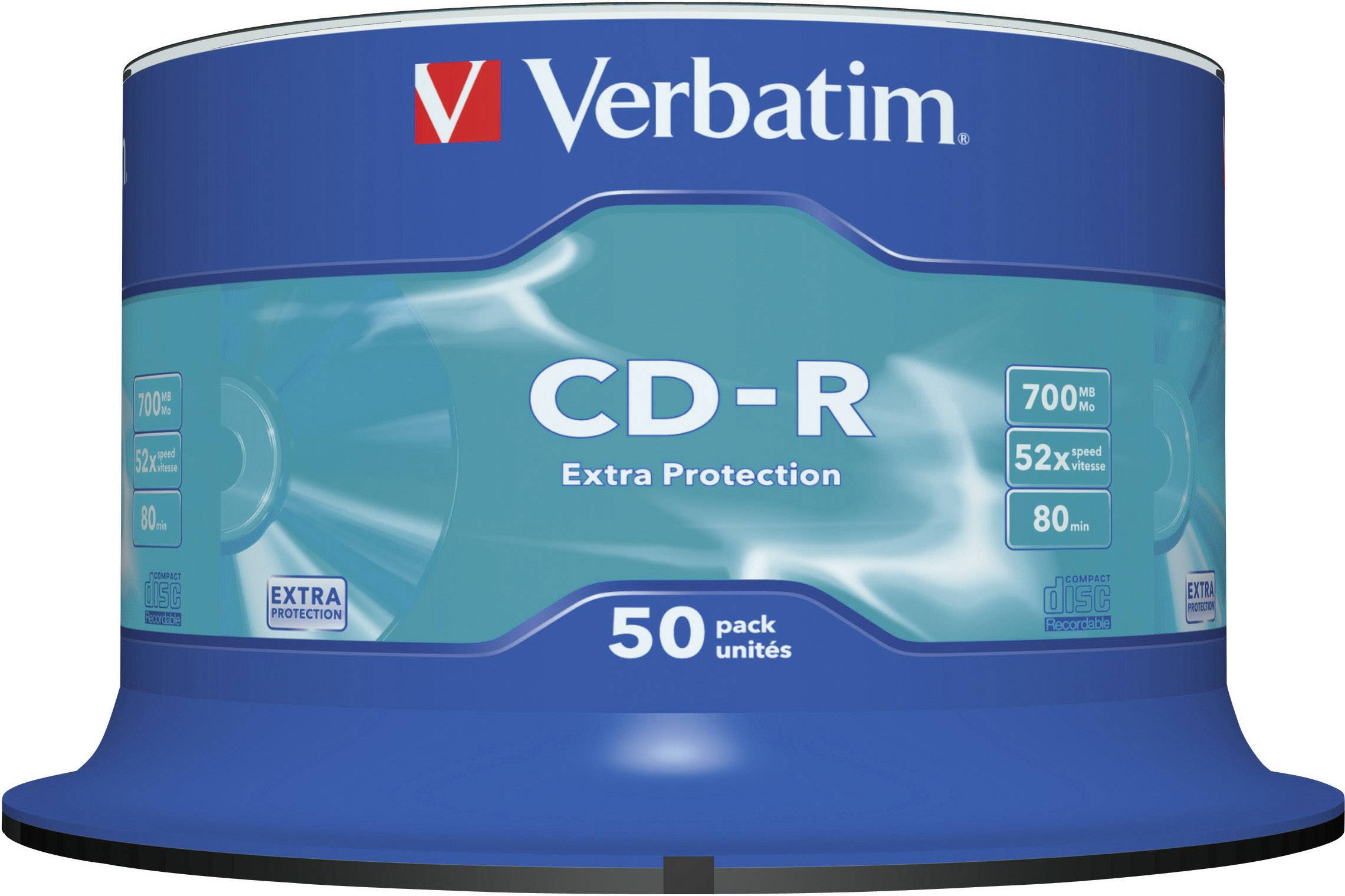 Eine Packung von 50 Verbatim CD-R mit 'Extra Protection', 700 MB Kapazität und 52-facher Schreibgeschwindigkeit.
