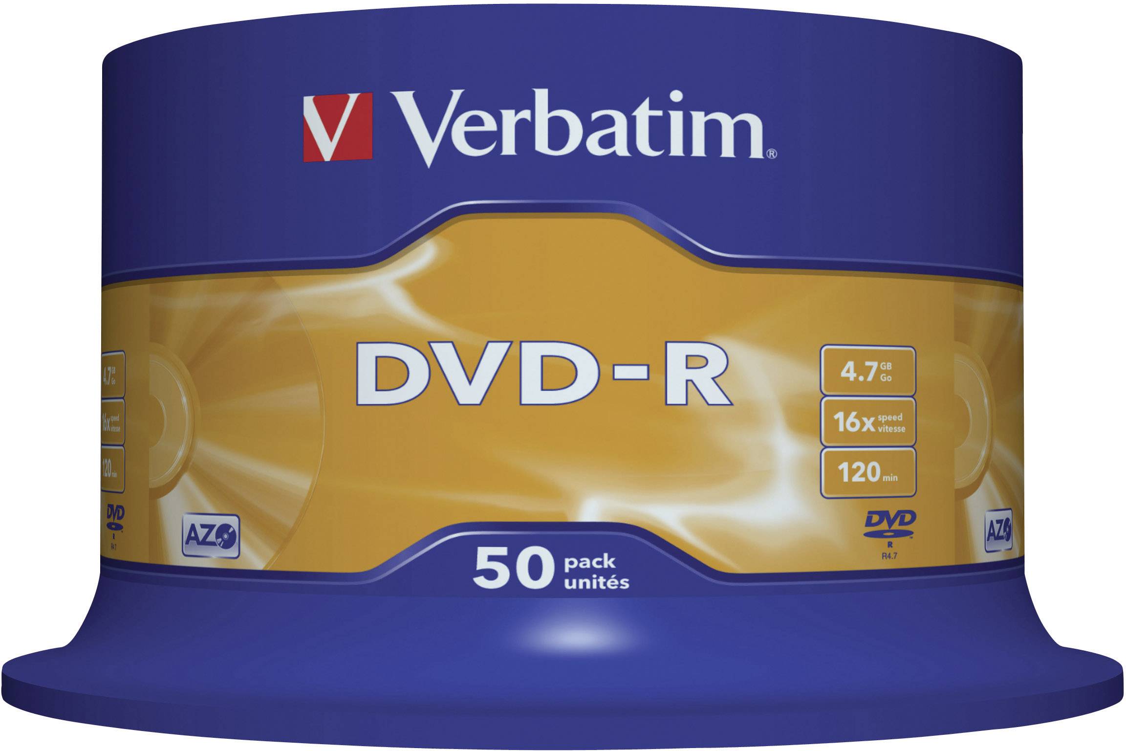 Verbatim DVD-R 50er-Pack, Speicherkapazität 4,7 GB, Geschwindigkeit 16x, bis zu 120 Minuten Videoaufnahme.