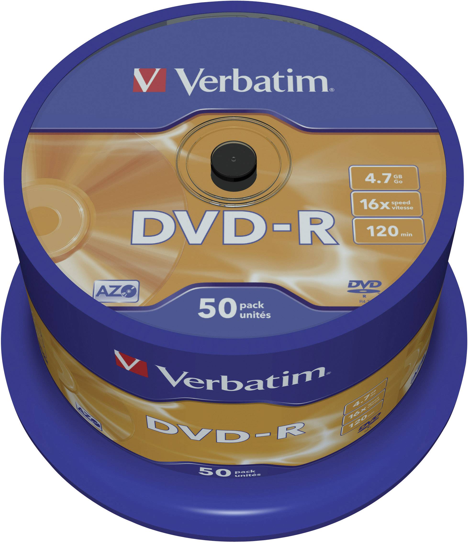 Eine Spindel mit 50 Verbatim DVD-R, 4,7 GB, 16x Geschwindigkeit, geeignet für 120 Minuten Aufnahmezeit.