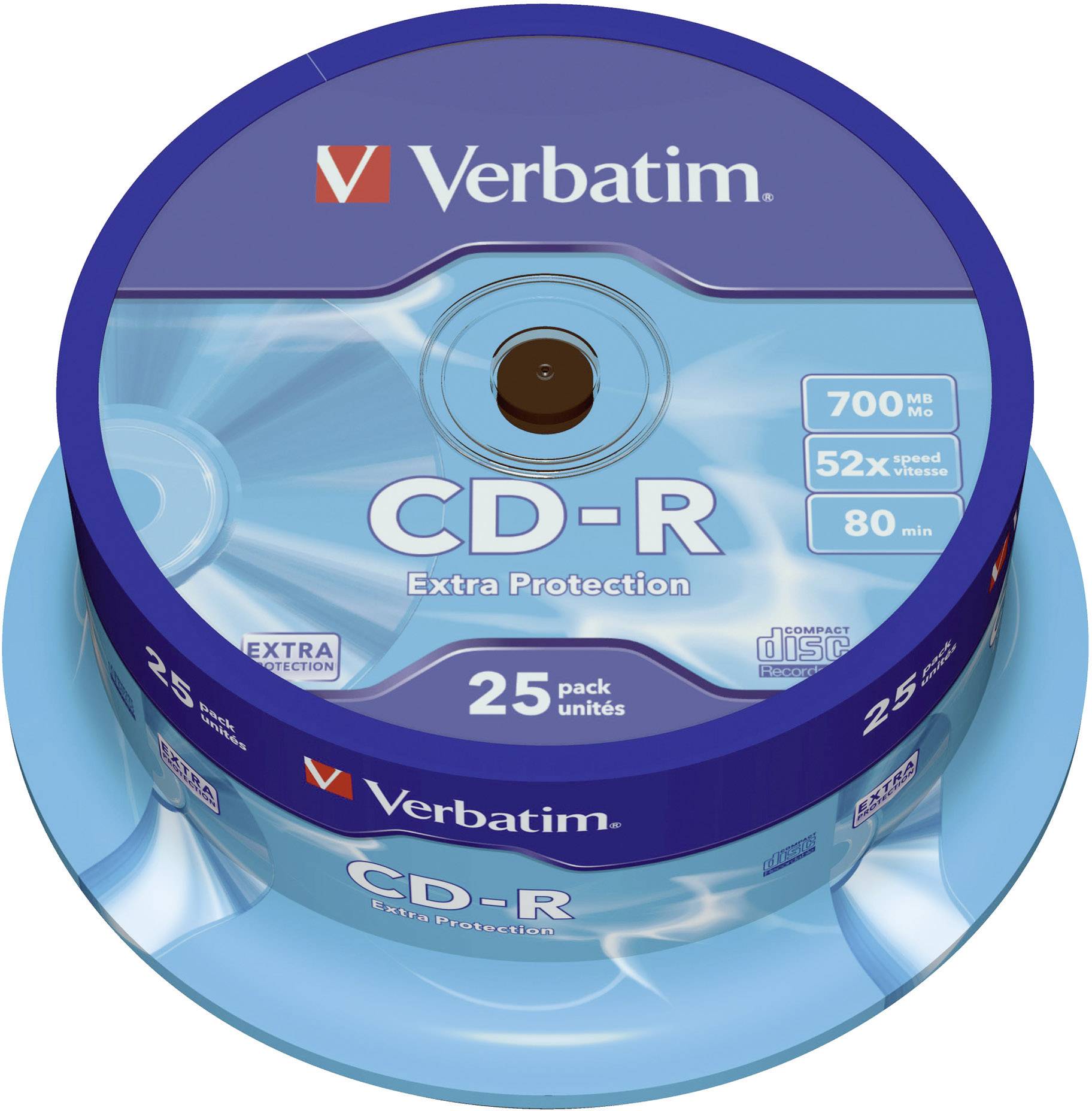 CD-R-Packung von Verbatim mit 25 CDs, 700 MB Speicherkapazität, 52-fache Schreibgeschwindigkeit, 80 Minuten Audio, Extra Protection.