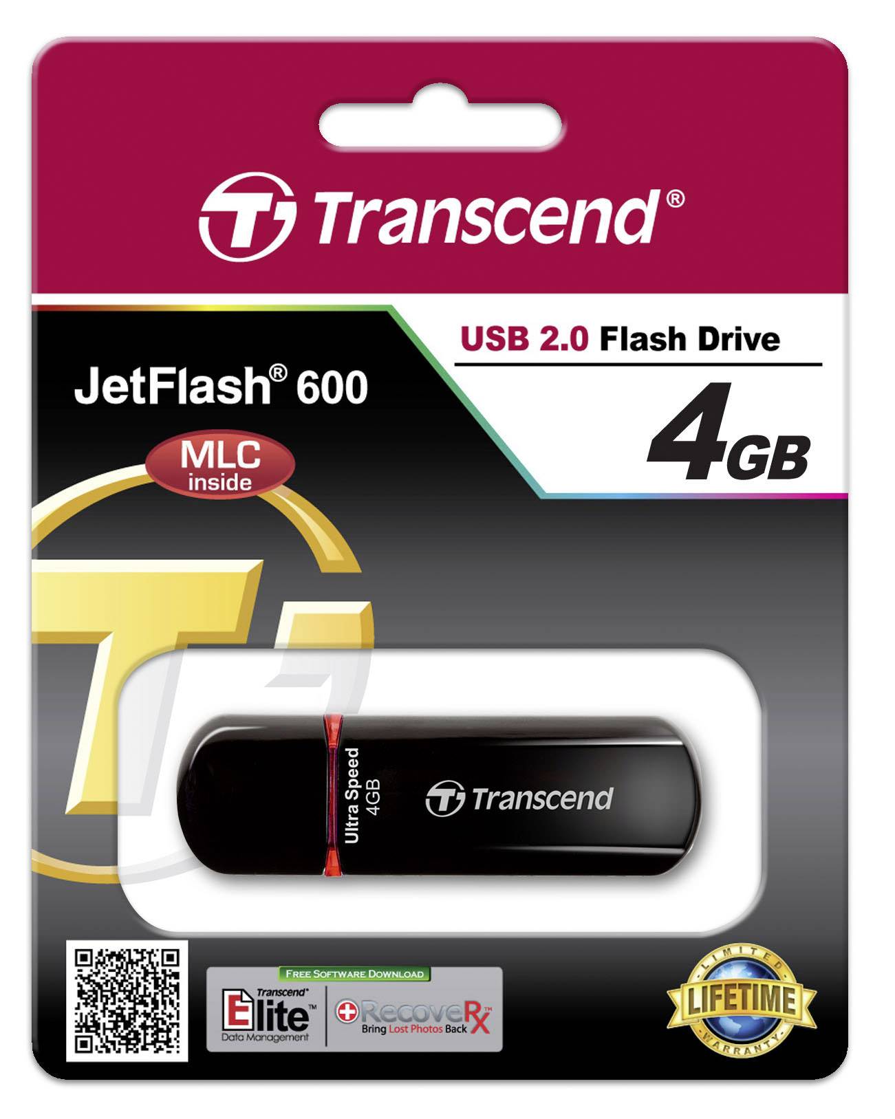 'JetFlash 600 USB 2.0 Flash Drive 4GB' von Transcend in Verpackung mit MLC-Logo und lebenslanger Garantie.