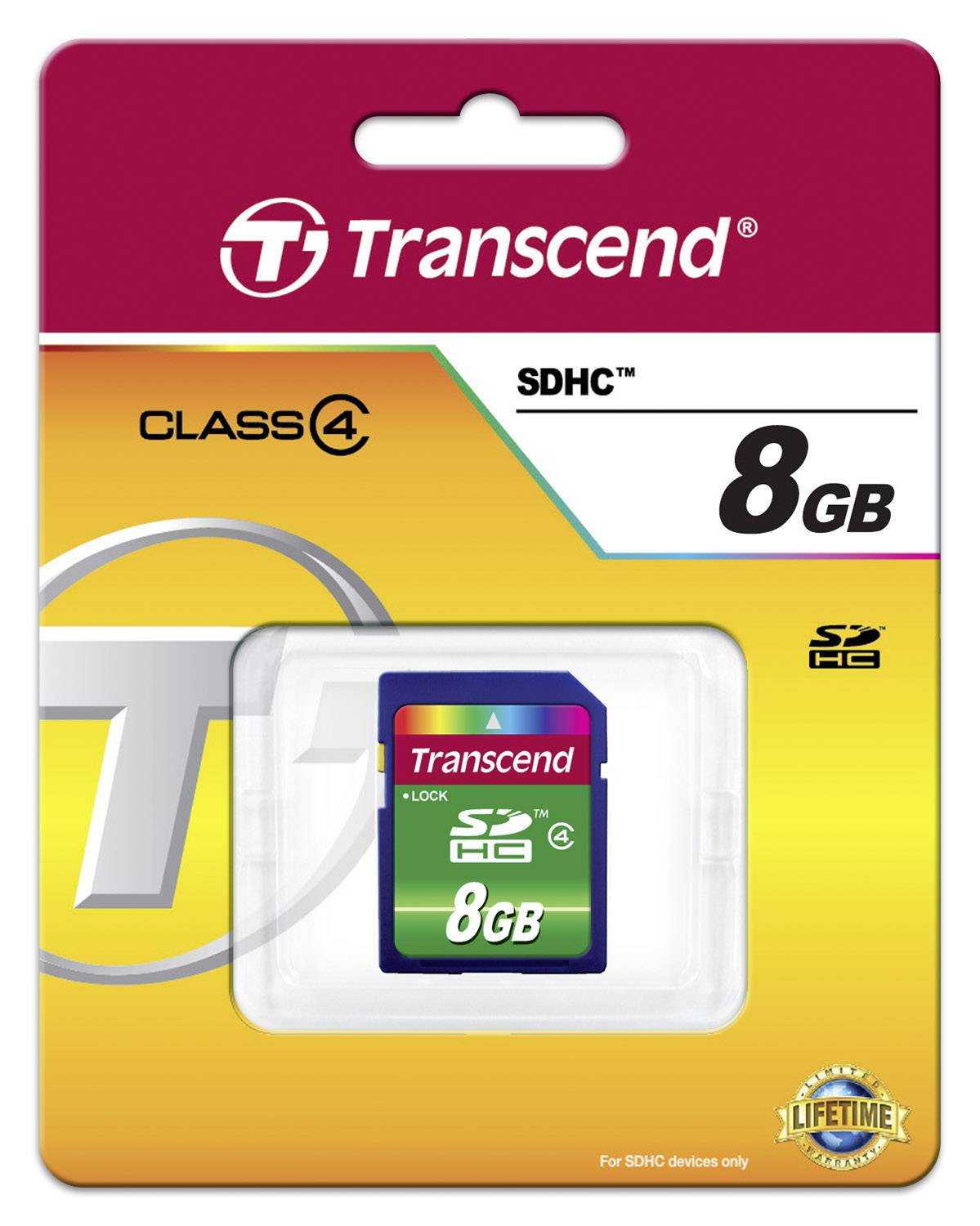 SD-Karte der Marke Transcend, 8GB Kapazität, SDHC, Class 4, auf gelbem Hintergrund in einer Verpackung.