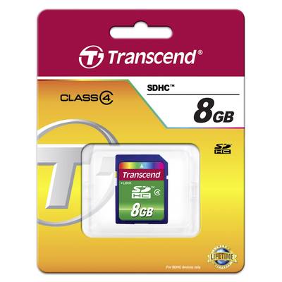 SD-Karte der Marke Transcend, 8GB Kapazität, SDHC, Class 4, auf gelbem Hintergrund in einer Verpackung.