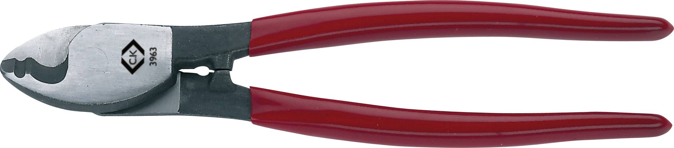 Rote Kabelschneider mit Metallklingen, horizontal angeordnet. Werkzeug für Elektroarbeiten oder Schneidarbeiten an Draht und Kabeln.