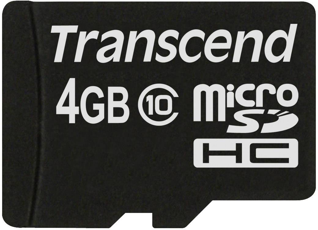 Schwarze Transcend microSDHC-Speicherkarte mit 4 GB Speicherkapazität, Class 10, für schnelle Datenübertragung.