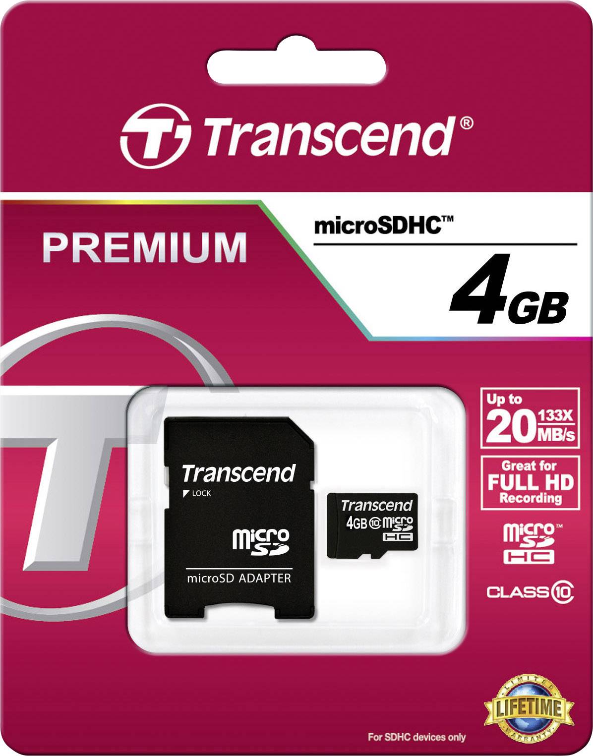 Transcend microSDHC 4GB Speicherkarte in Verpackung. Geeignet für Full HD-Aufnahmen, Datenübertragungsrate bis zu 20 MB/s.