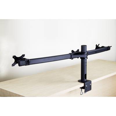 Zweiarmiger Monitorständer in Schwarz, auf einem Tisch montiert, bietet flexible Bildschirmplatzierung für ergonomisches Arbeiten.