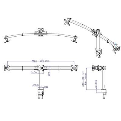 Ein technisches Diagramm eines Monitorarms zeigt mehrere Ansichten mit verschiedenen Maßen: maximale Breite 1290 mm, Höhe 318-420 mm.