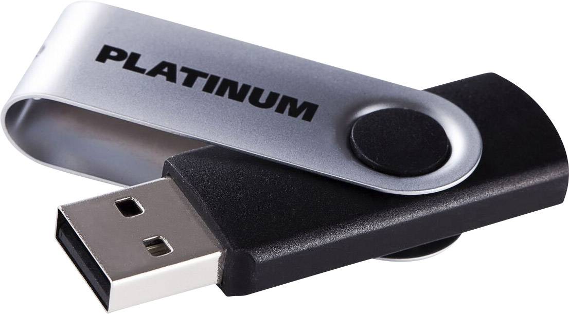 Ein schwarzer USB-Stick mit silberner Kappe, auf der 'PLATINUM' steht, eignet sich zur Speicherung und Übertragung digitaler Daten.