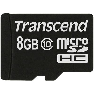 Schwarze MicroSD-Karte mit der Aufschrift 'Transcend 8GB MicroSD HC Klasse 10'.