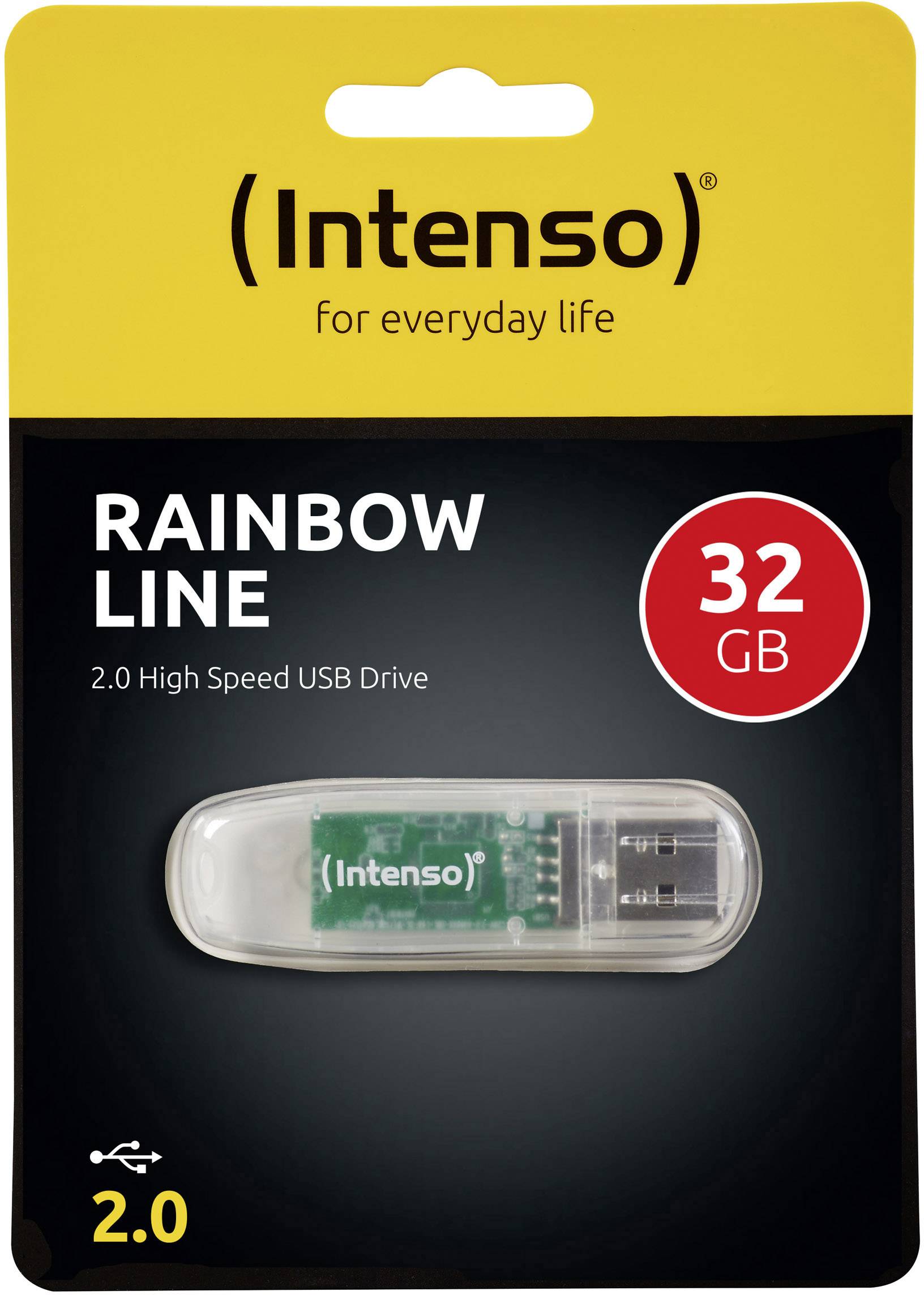 USB-Stick-Verpackung 'Intenso Rainbow Line' 32 GB, USB 2.0, transparentes Gehäuse.