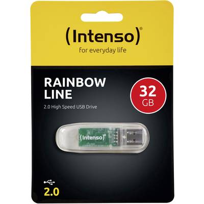 USB-Stick-Verpackung 'Intenso Rainbow Line' 32 GB, USB 2.0, transparentes Gehäuse.