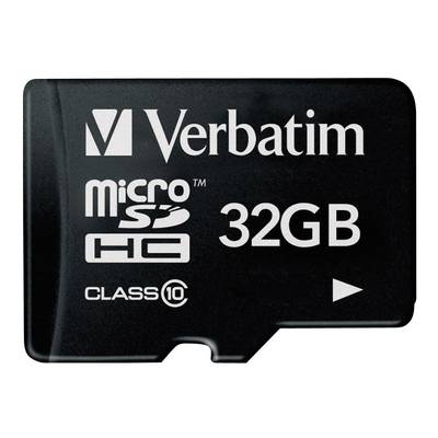 Eine schwarze MicroSD-Karte von Verbatim mit einer Kapazität von 32GB, gekennzeichnet als 'Class 10' und 'HC' für hohe Geschwindigkeit.