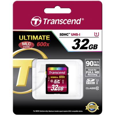 Packung einer Transcend SDHC UHS-I Speicherkarte mit 32 GB. Geschwindigkeit bis zu 90 MB/s, geeignet für Full HD Video.