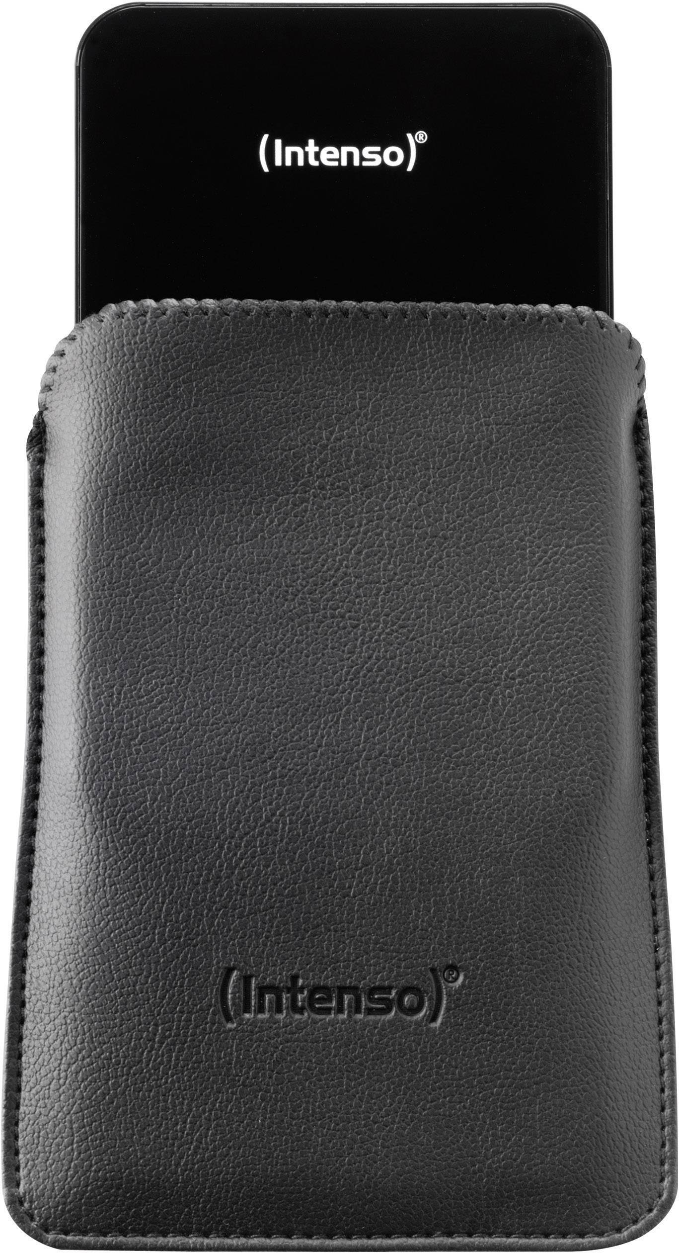 Ein schwarzes Intenso-Gerät, teils in einer schwarzen Ledertasche mit 'Intenso'-Logo, in minimalistischer Ansicht.