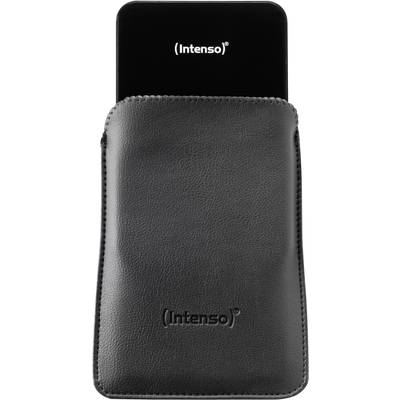 Ein schwarzes Intenso-Gerät, teils in einer schwarzen Ledertasche mit 'Intenso'-Logo, in minimalistischer Ansicht.
