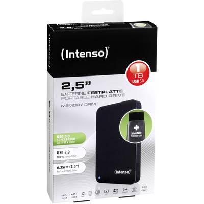 Externe Festplatte, 2,5 Zoll, Marke Intenso, 1 TB Speicherkapazität, USB 3.0, schwarz. Verpackung zeigt Produktabbildung und technische Details.