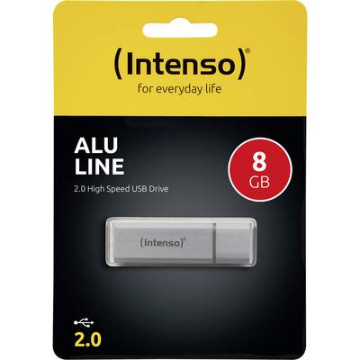 USB-Stick 'Intenso ALU LINE' mit 8 GB Kapazität. Verpackung betont schnelles USB 2.0 und den Slogan 'for everyday life'.