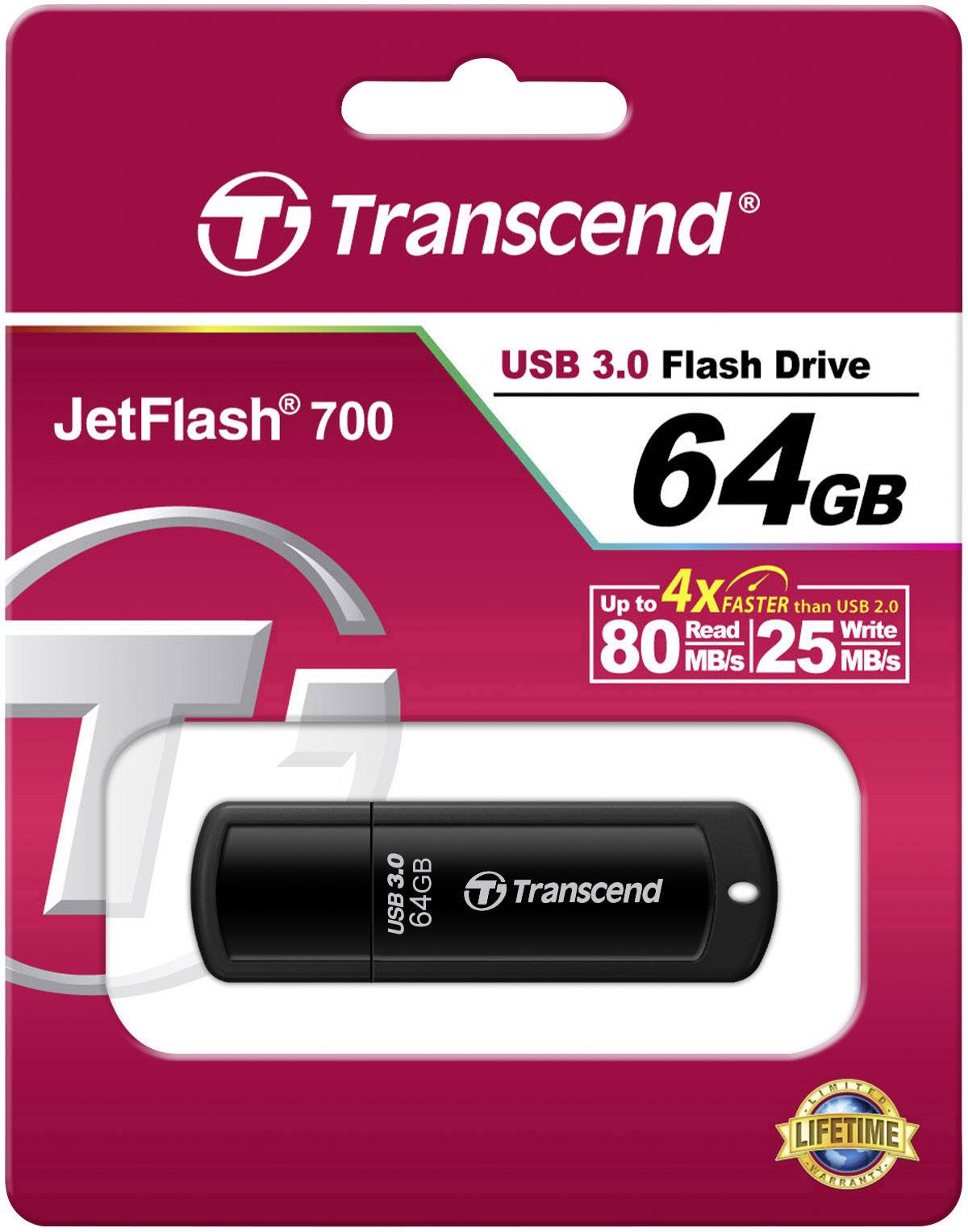 'Transcend JetFlash 700 USB 3.0 64GB Flash Drive in Verpackung. Bis zu 4x schneller als USB 2.0, 80 MB/s Lese- und 25 MB/s Schreibgeschwindigkeit.'