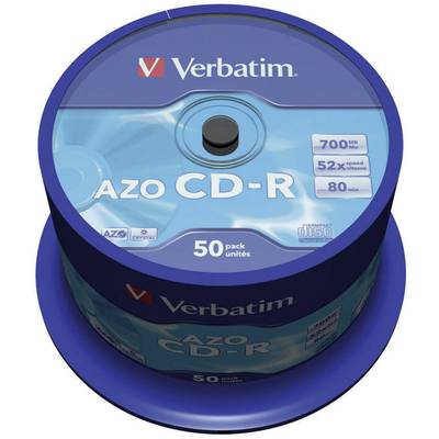 Ein Stapel von 50 Verbatim AZO CD-Rs mit 700 MB Kapazität und 52x Schreibgeschwindigkeit, geeignet zum Speichern von Daten.