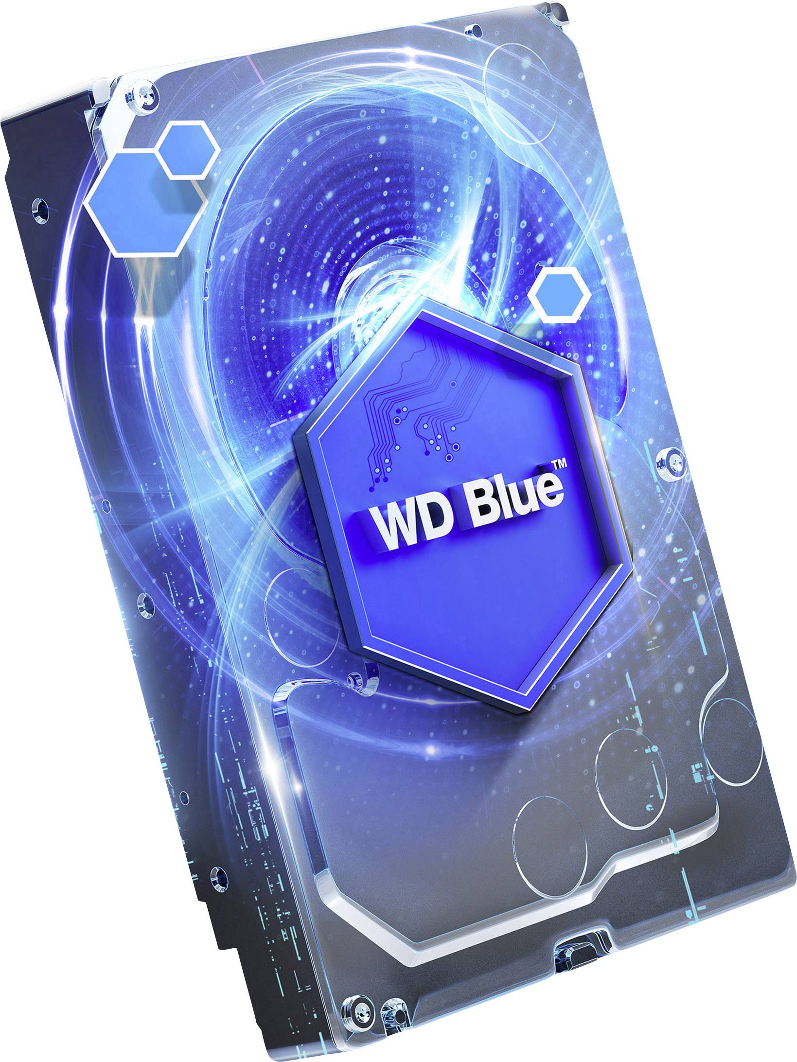 Eine blaue Festplatte mit dem Aufdruck 'WD Blue', umgeben von einem digitalen, futuristischen Hintergrund mit blauen und weißen Elementen.