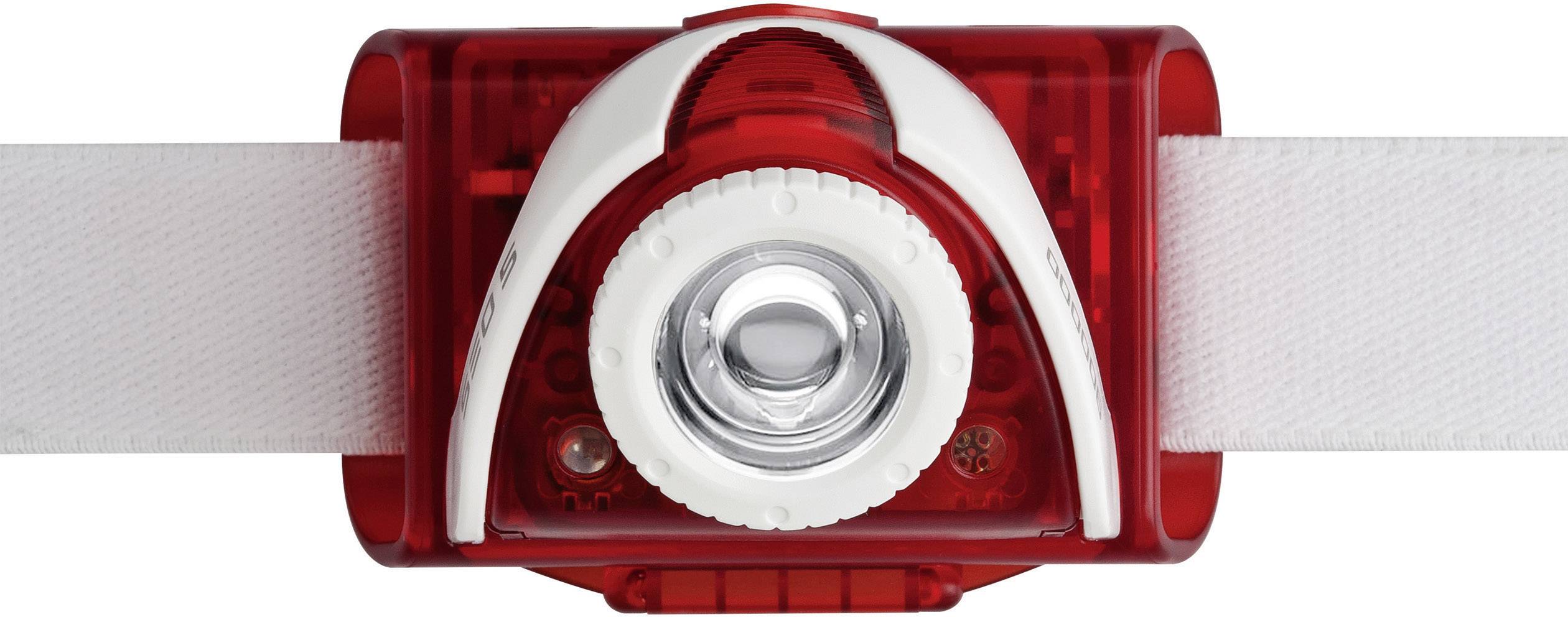 Rote Stirnlampe mit weißem Rahmen und zentralem Licht auf einem weißen Band.