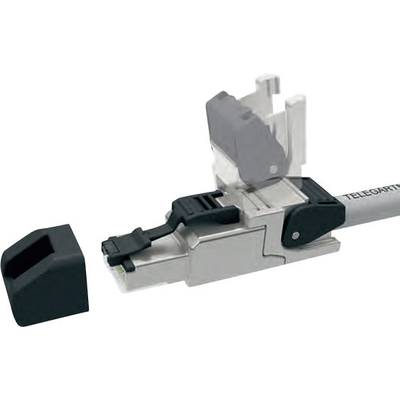 Ein Metall-RJ45-Stecker von Telegärtner mit abgenommener Kunststoffabdeckung. Geeignet für Netzwerkkabelverbindungen.
