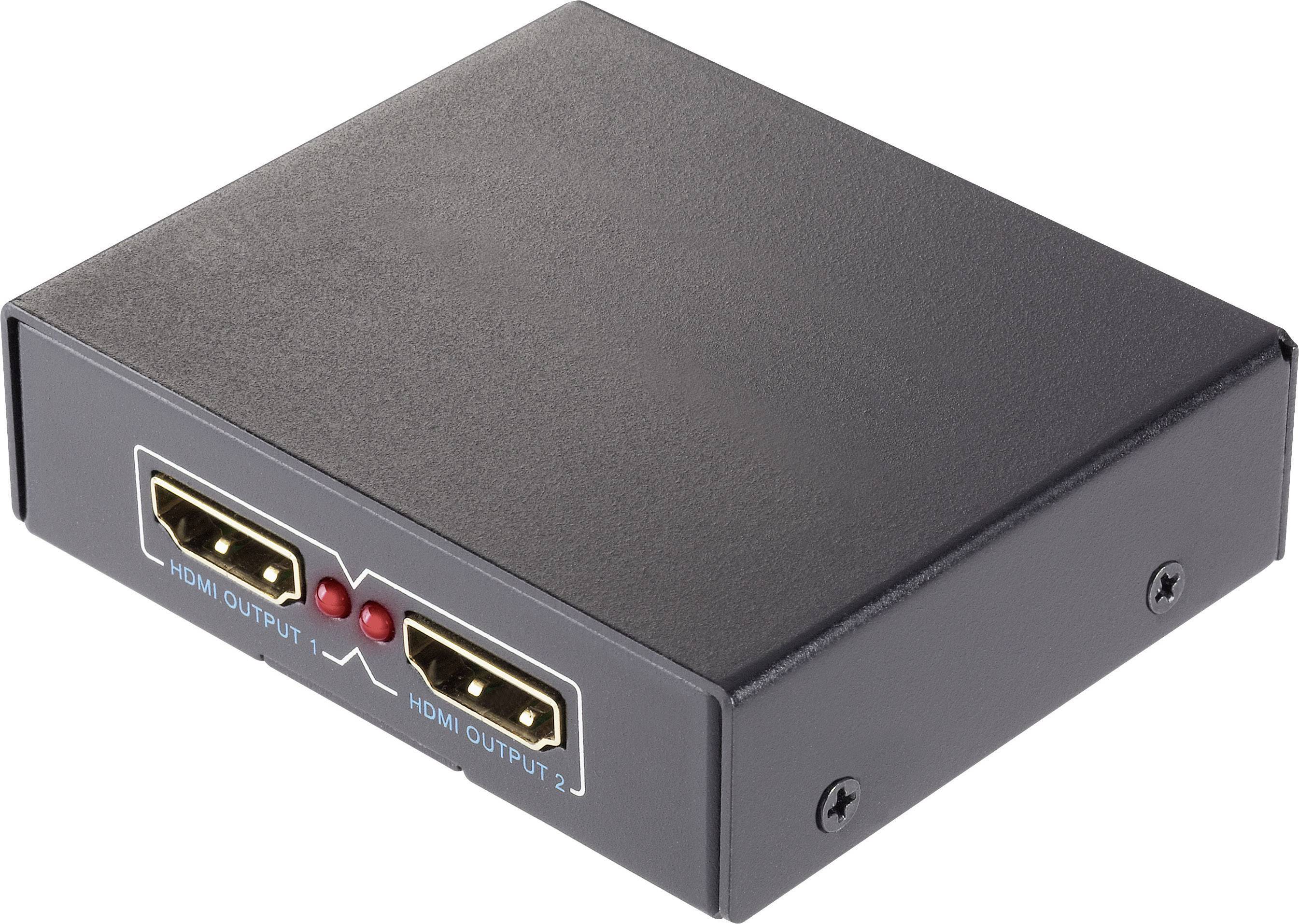 Schwarzer HDMI-Splitter mit zwei Ausgängen und roter Kontrollleuchte, geeignet für die Aufteilung eines HDMI-Signals auf zwei Geräte.