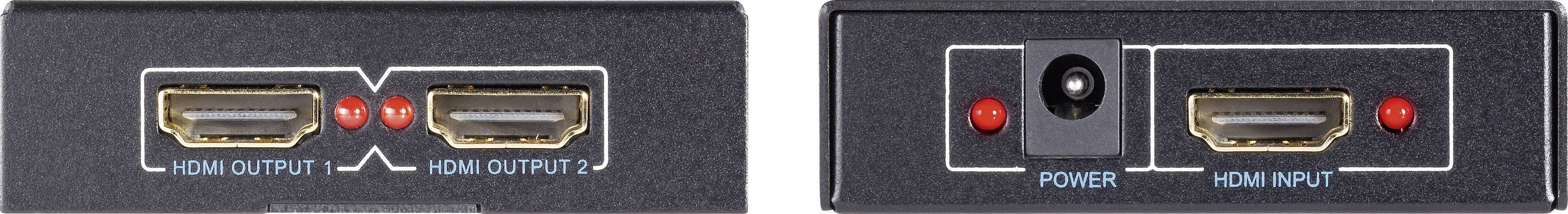 Zwei HDMI-Ausgänge auf der linken Seite, ein HDMI-Eingang und ein Stromanschluss auf der rechten Seite eines HDMI-Splitters.