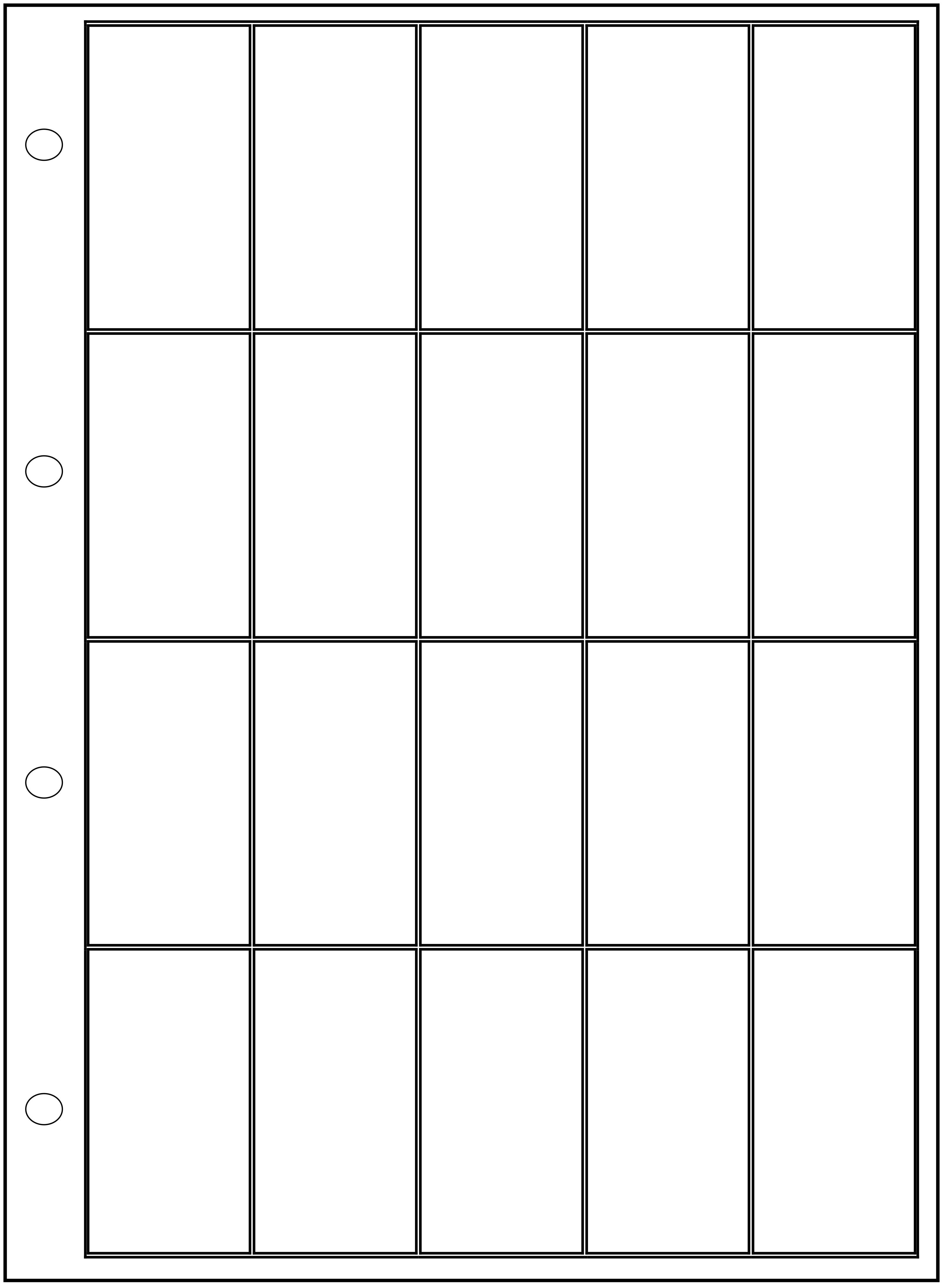 Ein Sammelalbum-Seitenlayout mit 20 rechteckigen Fächern und drei Löchern an der linken Seite für die Ablage in einem Ordner.