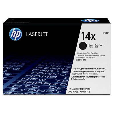 'Druckerpatrone HP LaserJet 14X' auf schwarzer Verpackung. Text in mehreren Sprachen beschreibt sie als geeignet für mehrere HP Modelle.