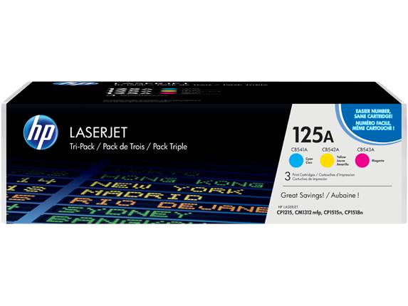 LaserJet Toner-Tri-Pack von HP in schwarzer Verpackung, enthält Farben Cyan, Magenta, Gelb. Geeignet für Drucker: CP1215, CM1312.