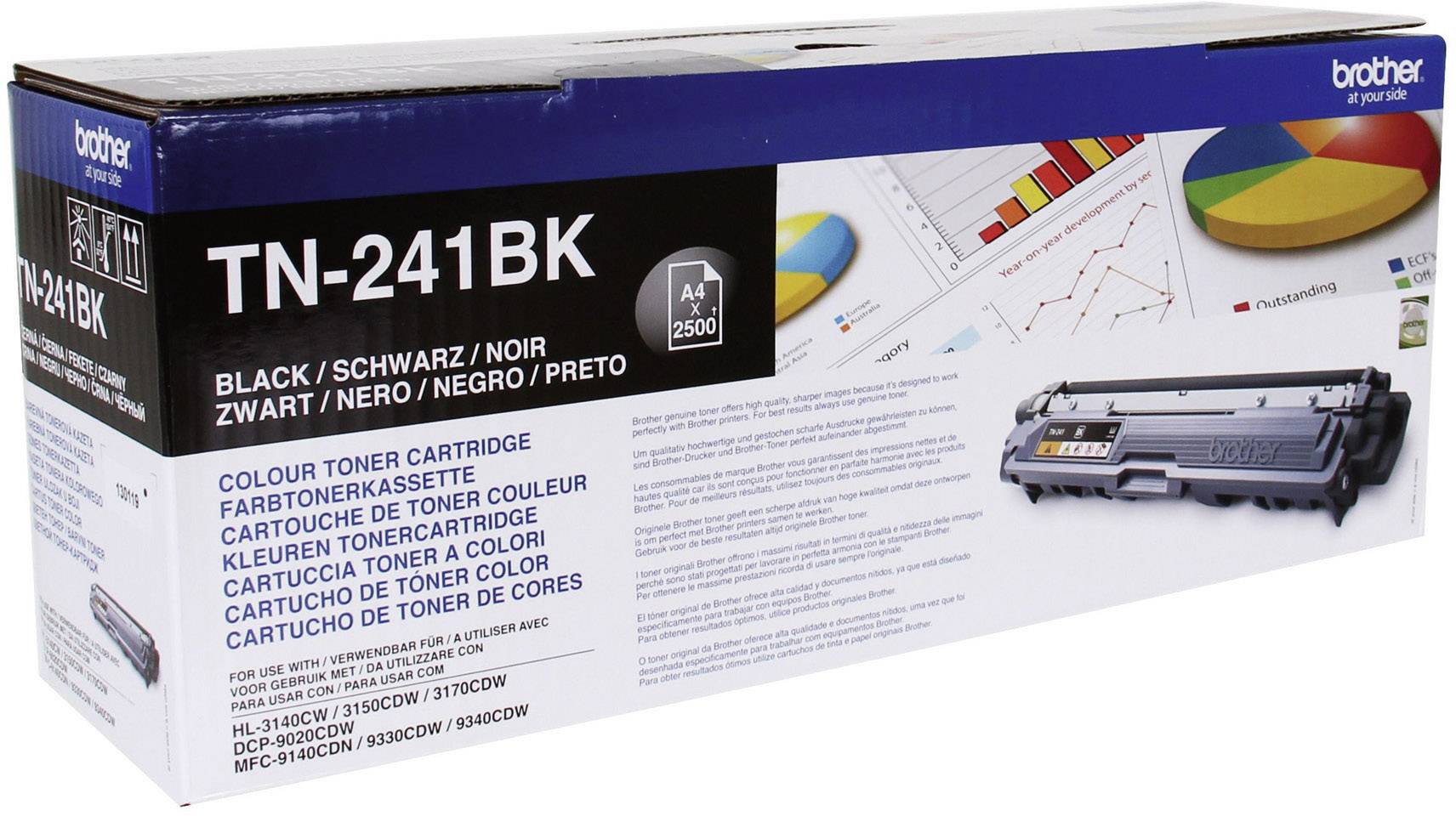 Verpackung einer schwarzen Brother TN-241BK Tonerkartusche, geeignet für verschiedene Druckermodelle, mit Farbbalkendiagramm im Hintergrund.