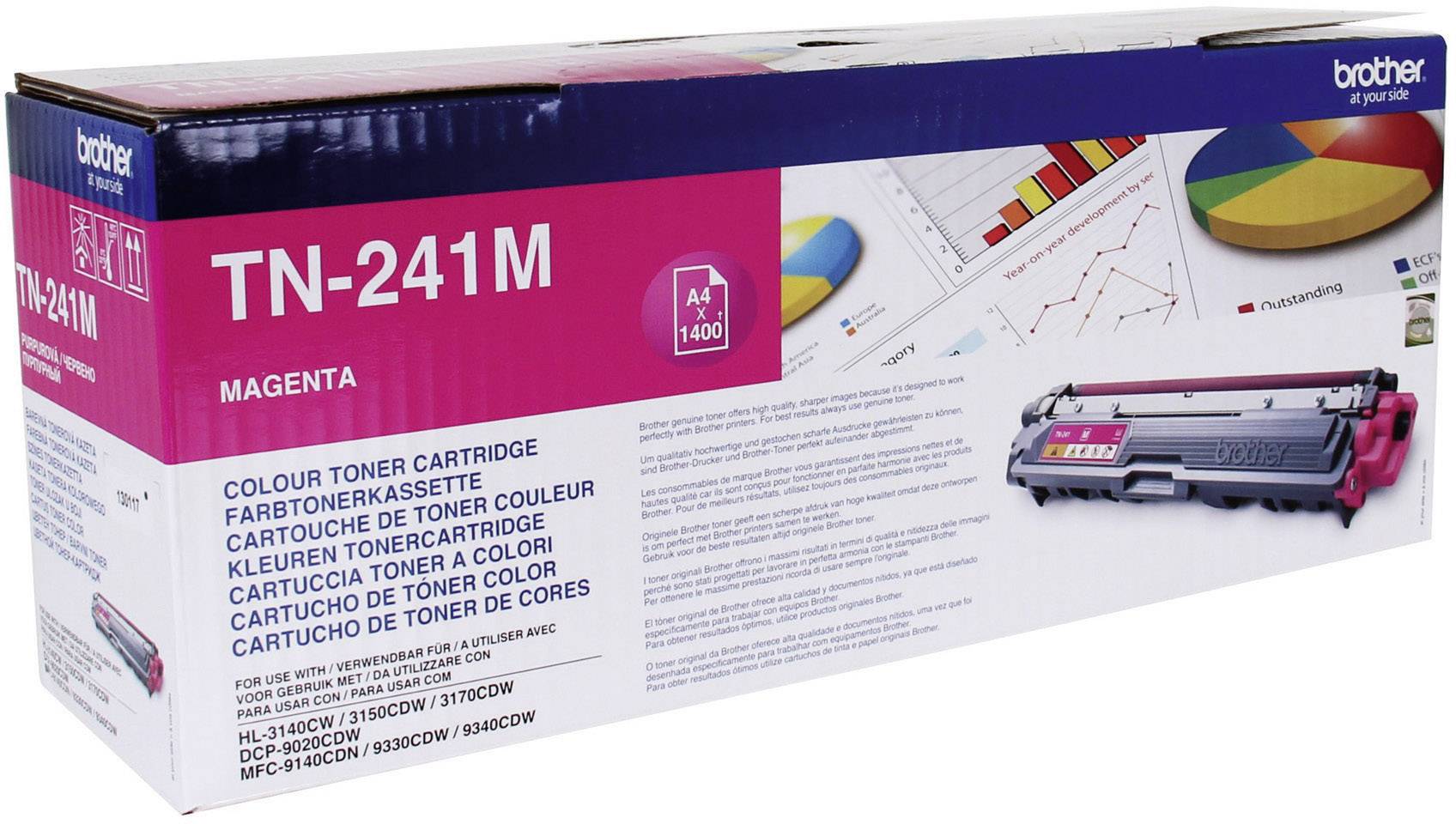 Verpackung eines Brother TN-241M Magenta Toners mit Grafiken, Diagrammen und Schriftzug. Enthält Hinweise zur Druckkapazität und Kompatibilität.