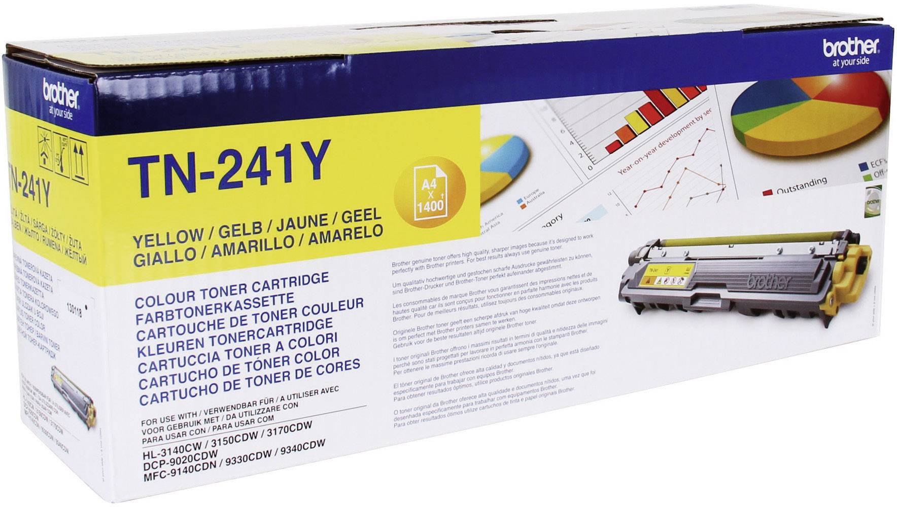 Gelbe Tonerkartusche, Modell TN-241Y, für Brother Drucker. Verpackung zeigt farbige Diagramme und technische Informationen.