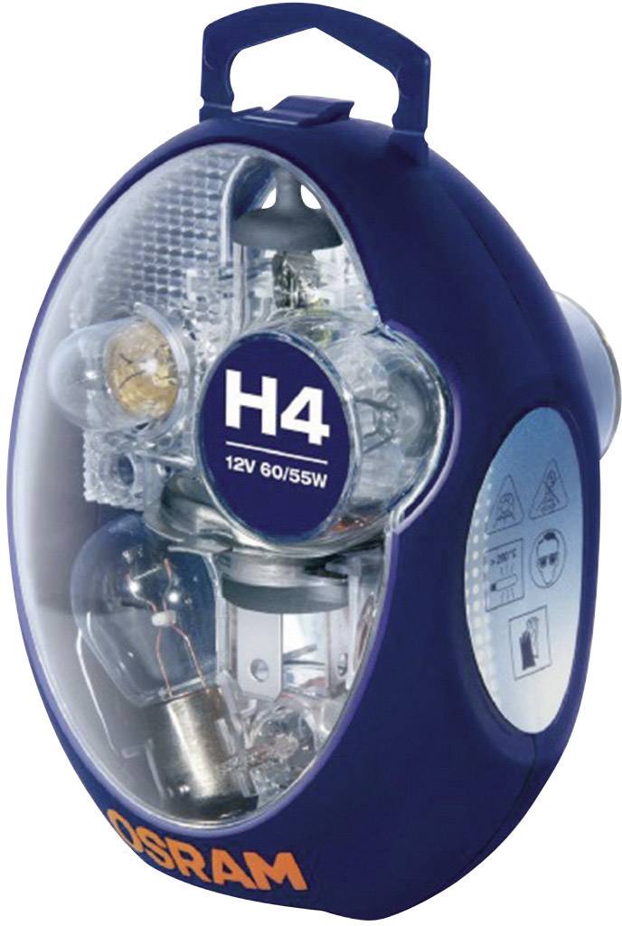 Die Verpackung enthält eine H4-Glühbirne von OSRAM, 12V 60/55W, in einem blauen Gehäuse mit durchsichtigem Deckel.