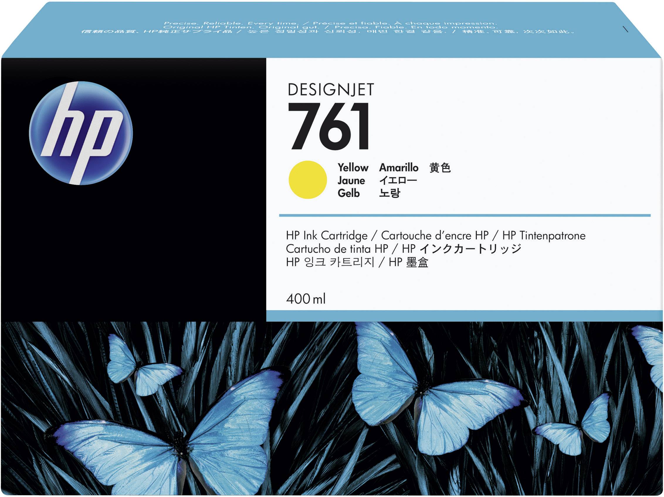 'HP DesignJet 761 Gelb Tintenkartusche, 400 ml. Verpackung zeigt HP-Logo, Schmetterlinge und Produktinformationen in mehreren Sprachen.'