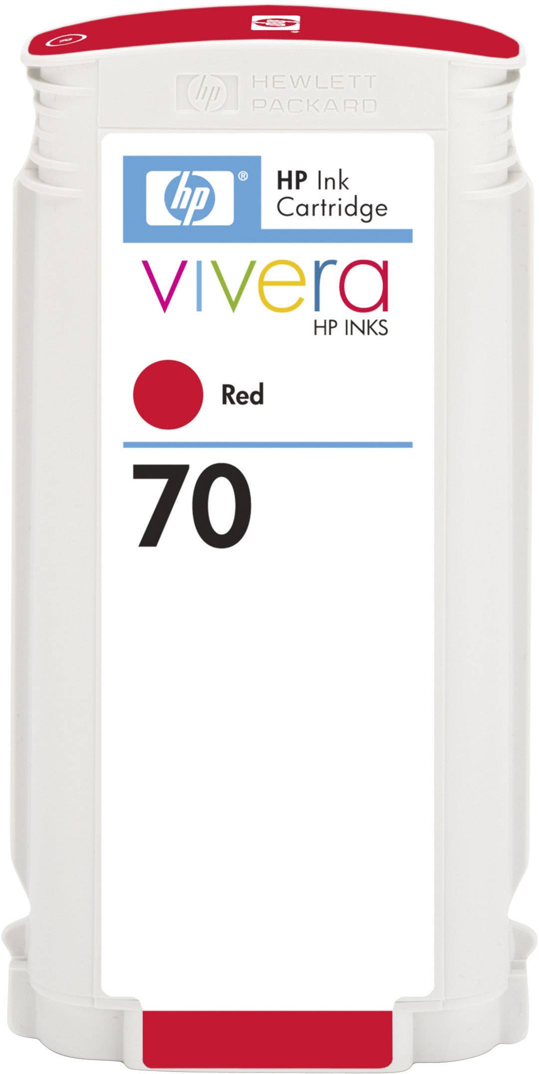 HP Tintenpatrone 70, Vivera HP Tinten, Farbe Rot, kompatibel mit HP Druckern, abgebildet mit HP Logo und Seriennummer.
