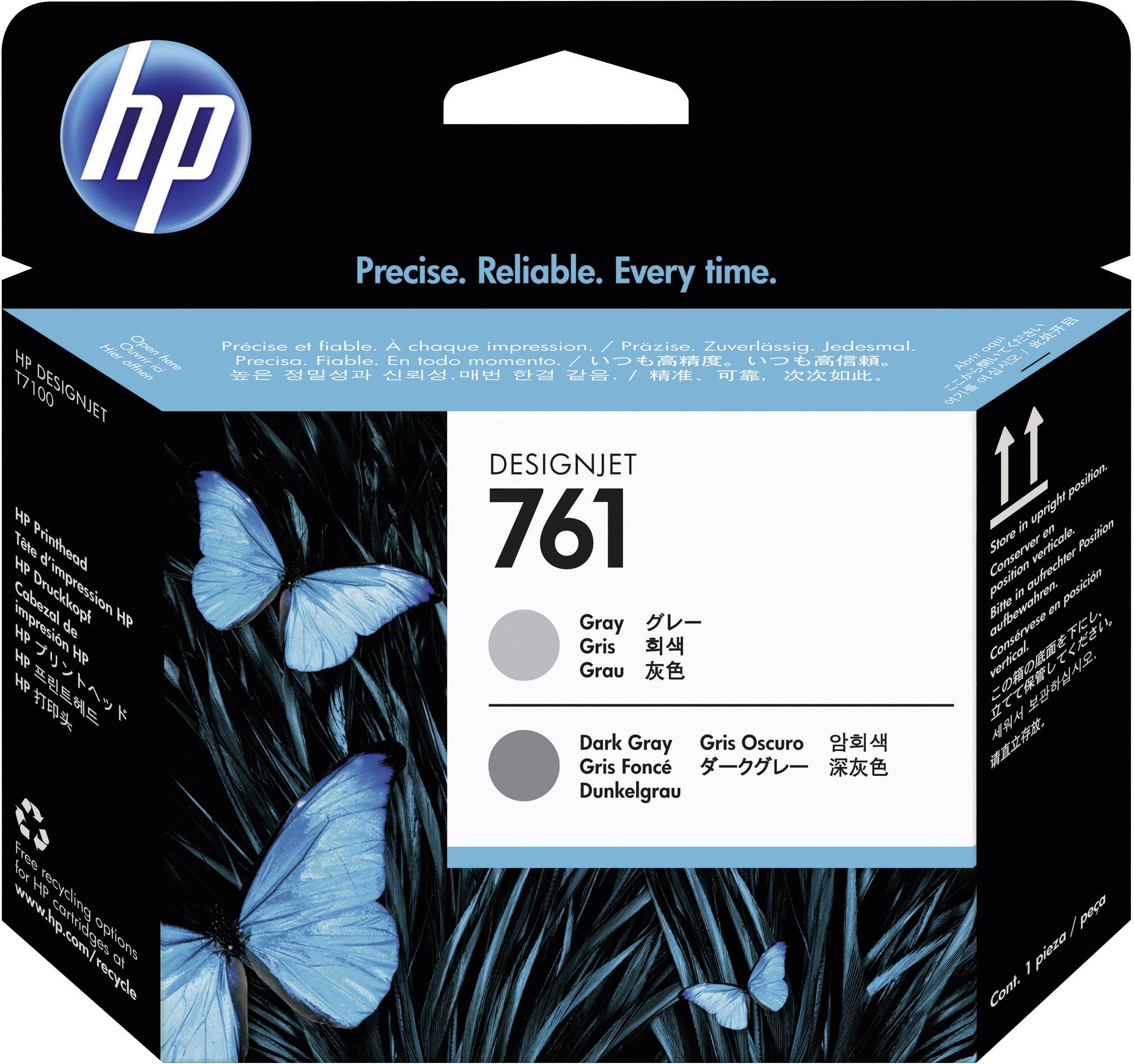 Eine HP-Tintenpatrone DesignJet 761, Farbe Grau, Verpackung mit Schmetterlingsmotiv und Markenslogan 'Precise. Reliable. Every time.'.